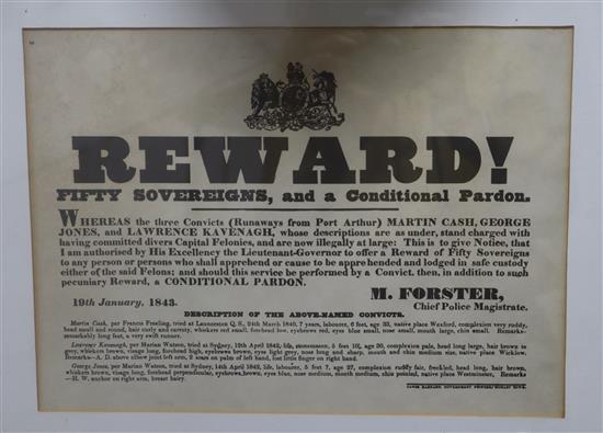 A Victorian-style Australian 50 Sovereign Reward poster for a trio of convicts, 19th January 1843